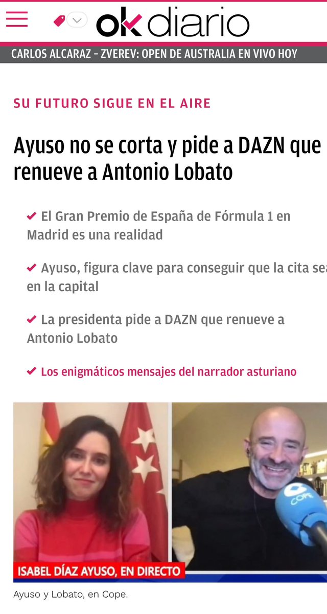 alobatof1's tweet photo. Gracias @IdiazAyuso ¿podría contratarte de representante? 😂😂 Un placer compartir anoche con ella y  @juanmacastano unos minutos de radio hablando de Madrid y la F1 en el @partidazocope https://t.co/bIpH2Lg14y