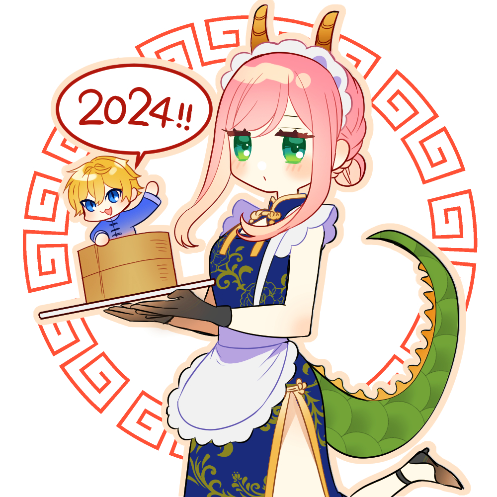 1girl chinese clothes dress horns 1boy tail pink hair  illustration images