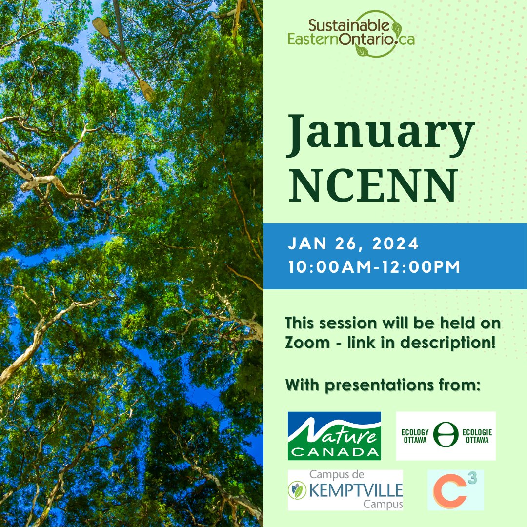 The NCENN Roundtable event is THIS FRIDAY! This session will take place on January 26th - 10:00am to 12:00pm (EST).

Presenters include: <a href="/EcologyOttawa/">Ecology Ottawa</a>, <a href="/NatureCanada/">Nature Canada</a>, Kemptville Campus, and Create Change Collective!

Register here: us06web.zoom.us/meeting/regist…

#Ottawa #networking
