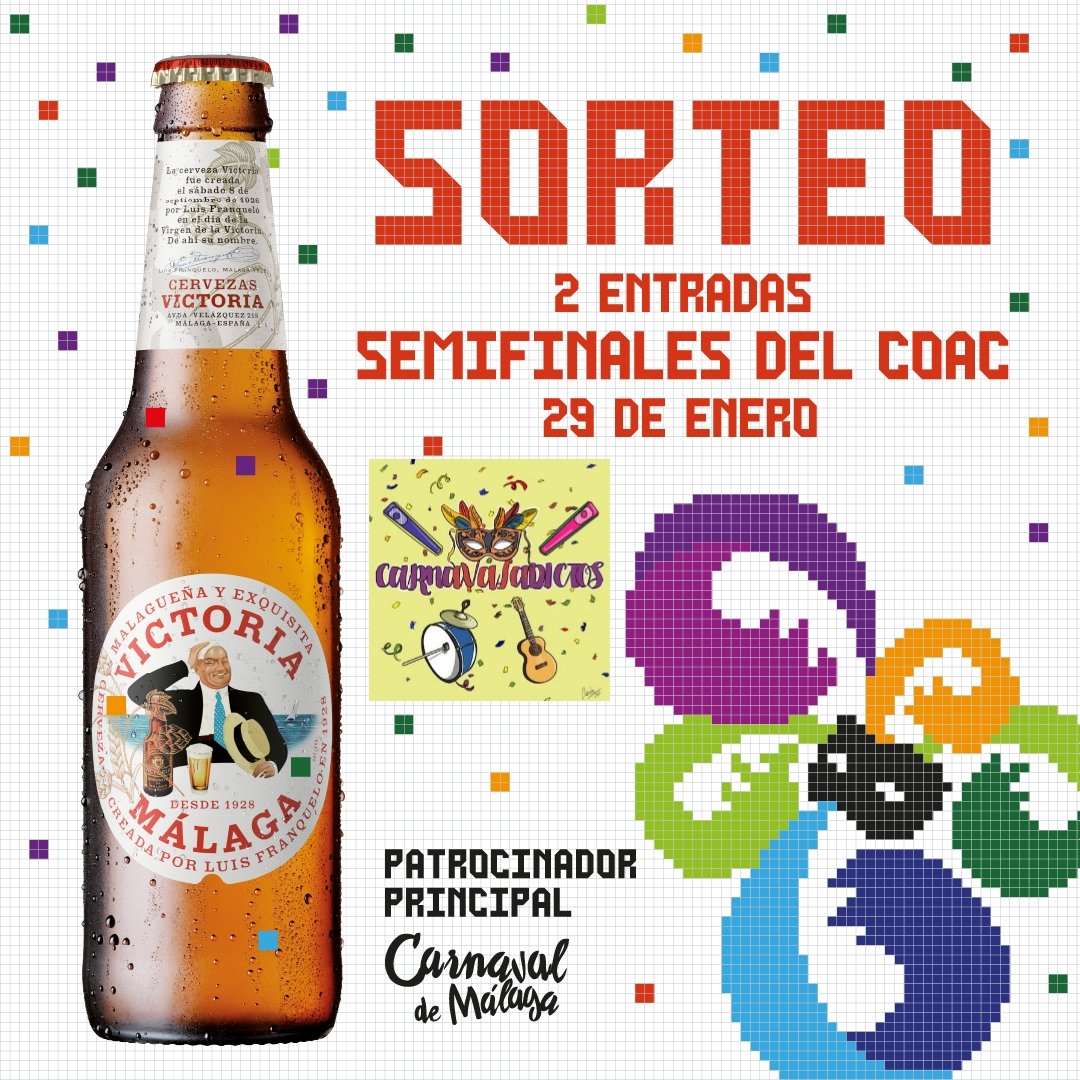 ¿Tienes ganas de #CarnavalMLG ?
En colaboración con <a href="/CervezaVictoria/">Cervezas Victoria</a>

Sorteamos una invitación doble para la Semifinal del #CoacMálaga2024 el Lunes 29 Enero

Haz RT a este tweet para entrar en el sorteo

Fecha del sorteo Domingo 28 Enero