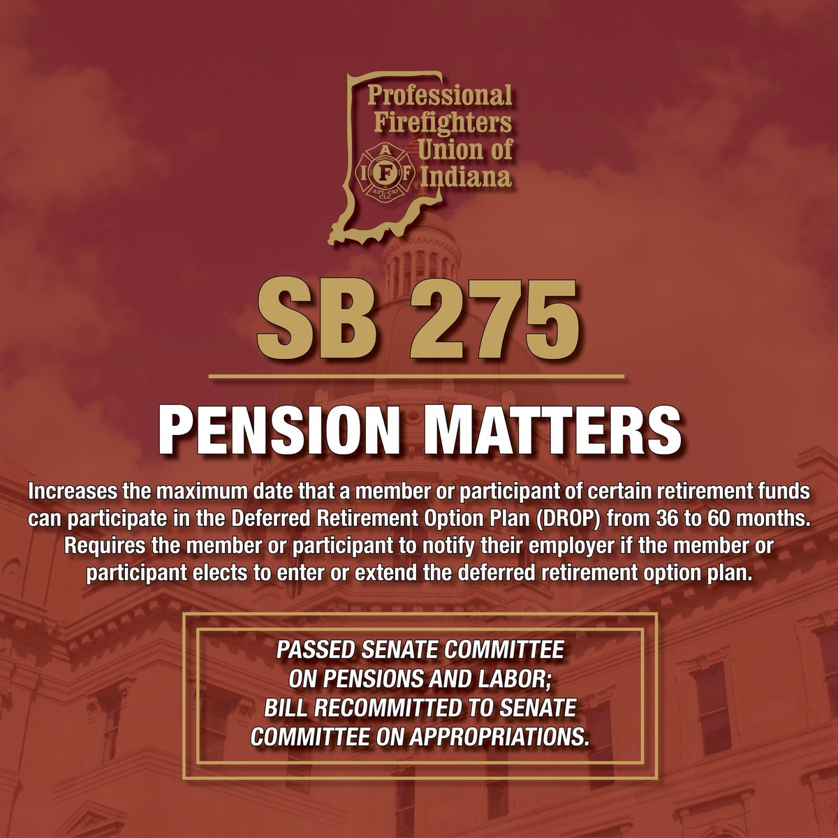 SB 275 passed the Senate Committee on Pensions and Labor 10-0. The bill is recommitted to the Senate Committee on Appropriations. For more information on SB 275, visit bit.ly/3Hv2gdJ. #inlegis #indiana #firefighter