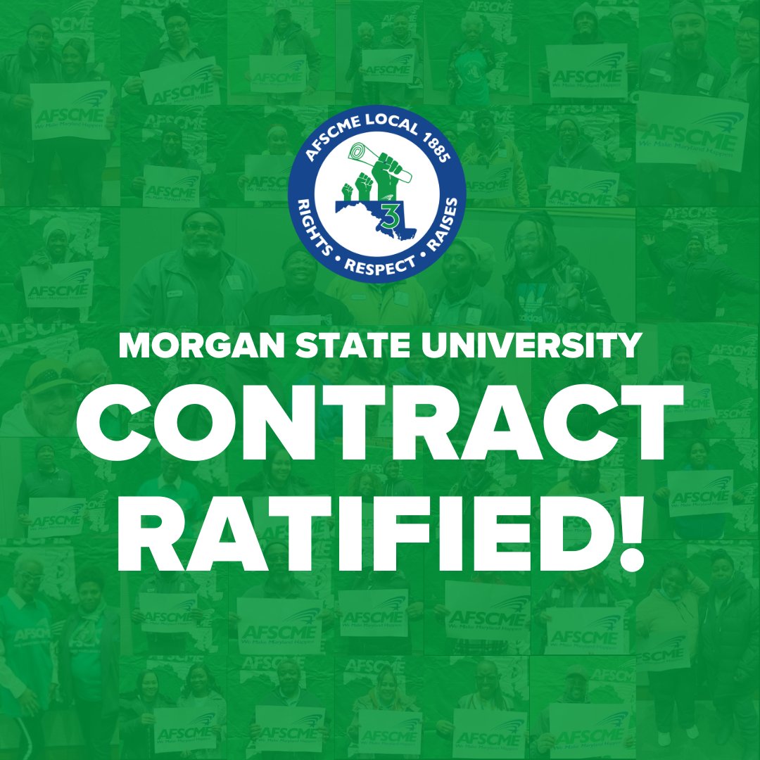 🎉 Yesterday, AFSCME Local 1885 members at Morgan State University overwhelmingly voted to ratify a new contract! 🎉

This new contract contains across the board wage increases, COLAs, percentage increases to base pay depending on years of service, and more!

#AFSCMEMDStrong