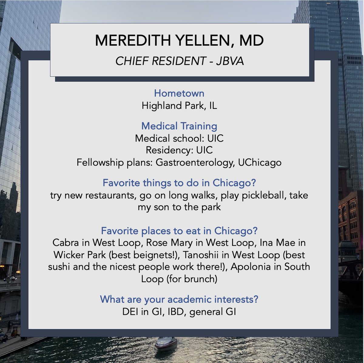 From Highland Park, IL, this week’s chief resident spotlight: Meredith Yellen! #GoFlames #UICIM