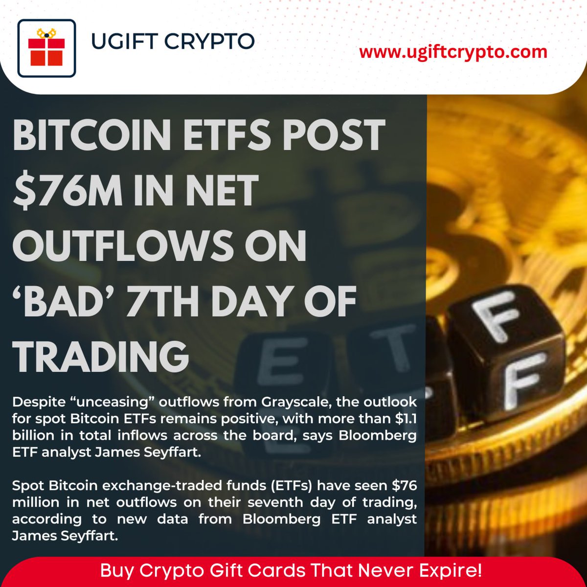 giftcryptotoken's tweet photo. Bitcoin ETFs post $76M in net outflows on ‘bad’ 7th day of trading

Buy Crypto Gift Cards That Never Expire!
💠https://t.co/Keko7igO9S https://t.co/ArcYgB5flz