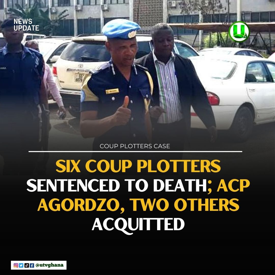 utvghana's tweet photo. Six individuals have been found guilty by the High Court for conspiring and committing high treason in connection with an alleged coup plot. They have been sentenced to death by hanging. 

However, Assistant Commissioner of Police Benjamin Agordzo, Colonel Samuel Kodzo Gameli, and another junior military officer, Corporal Seidu Abubakar, have been acquitted by the Court.

#UTVNews