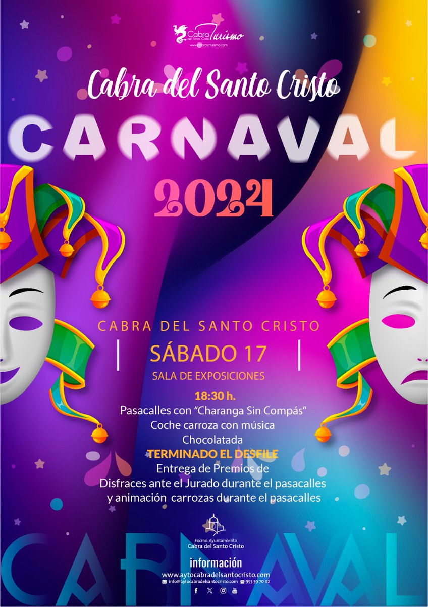 Carnaval 2024 que tendrá lugar el próximo 17 de febrero.👇👇👇👇👇👇👇👇👇👇
aytocabradelsantocristo.com/carnaval-2024/
Ven, anímate, disfrázate y disfruta del carnaval

#AyuntamientodeCabradelSantoCristo #carnaval2024 #disfraz #charanga #chocolate #premios