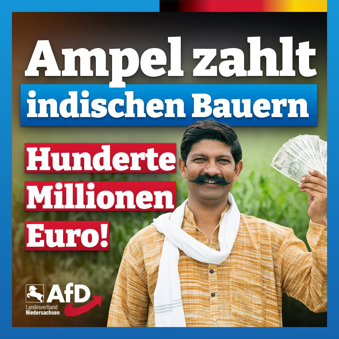 dockyyyyyyyyy's tweet photo. Ich glaube, ich spinne
Ampel zahlt indischen Bauern Hunderte Millionen Euro für „grüne“ Projekte

Aus dem Entwicklungshilfeministerium (BMZ) der Ministerin Svenja Schulze (SPD) wird verlautbart: Bis zum Jahr 2030 wird Deutschland „im Zuge der mit Indien vereinbarten Partnerschaft für grüne und nachhaltige Entwicklung mindestens zehn Milliarden Euro bereitstellen, unter anderem für den Ausbau agrarökologischer Ansätze im Umfang von 300 Millionen Euro bis 2025.“

Die Zahlen sind schon erstaunlich. 2022 flossen Mittel in Höhe von 987,52 Millionen Euro nach Indien. 2023 waren es laut Ministerium mindestens 900,71 Millionen Euro. Gleichzeitig protestieren die Bauern in Deutschland gegen die Abschaffung der Steuervergünstigungen auf Agrar-Treibstoff – hier geht es um eine Summe von 440 Millionen Euro.

Mit anderen Worten: Den eigenen Landwirten könnte die Bundesregierung ganz locker die Existenz retten, wenn sie nur wollte. Stattdessen hilft man jedoch lieber anderen Ländern der Welt, die unsere Hilfe gar nicht brauchen.
