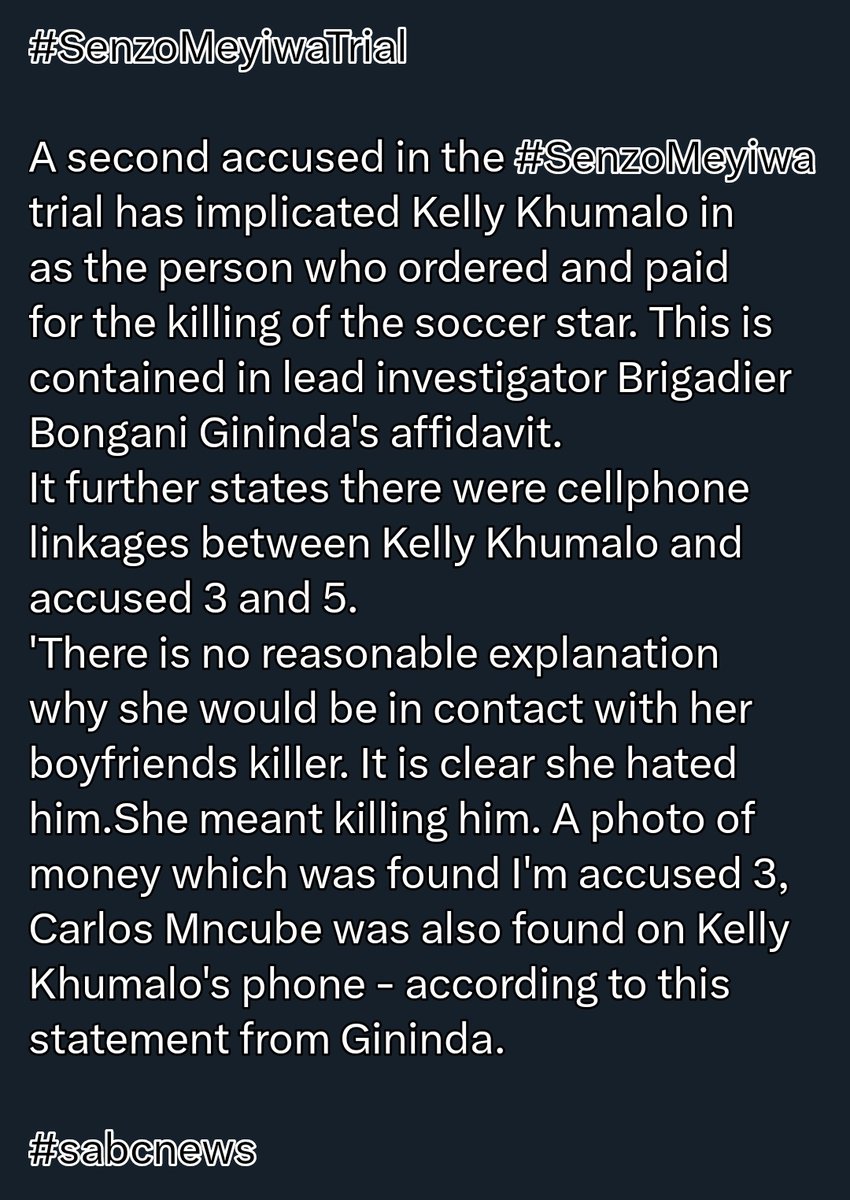 SharingC2023's tweet image. News: Kelly Khumalo implicated in #SenzoMeyiwa murder by the accused &amp;amp; cellphone data records. These allegations were made as part of Brigadier Gininda's affidavit &amp;amp; testimony. The trial continues..
.
.
Nhlanhla Lux | Chicco | Lamiez  Khuli Chana | Somizi | Pretoria | Sandton