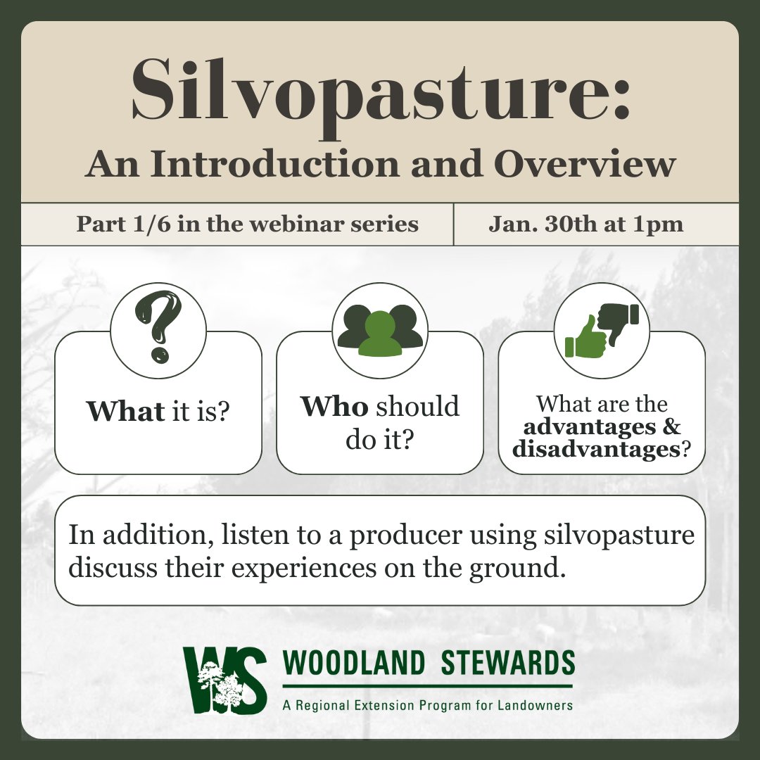 soforext's tweet photo. We are kicking off the Woodland Stewards Silvopasture Webinar Series on Jan 30 at 1 PM ET! Join us for the first session titled 'Silvopasture: An Introduction and Overview.'🌱
https://t.co/ewxwuWnZv5 https://t.co/CDaSVUXZ8g