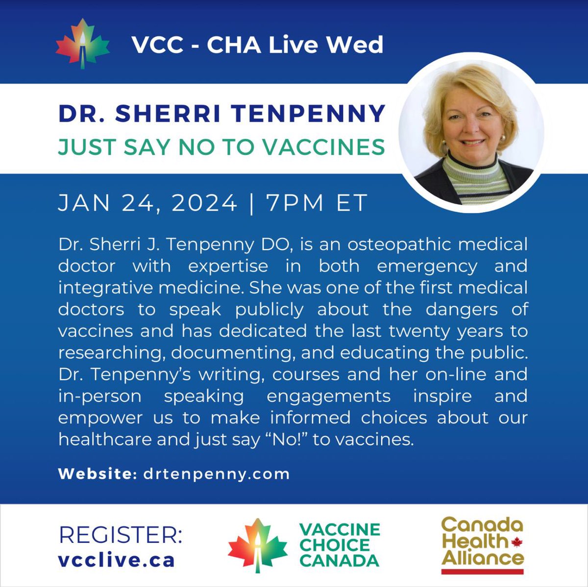 Register now to join  our Live Call and Q&amp;A with Dr. Tenpenny &amp; the President of Vaccine Choice Canada, Ted Kuntz at 7pm  est tonight!

vcclive.ca

#VaccineChoiceCanada