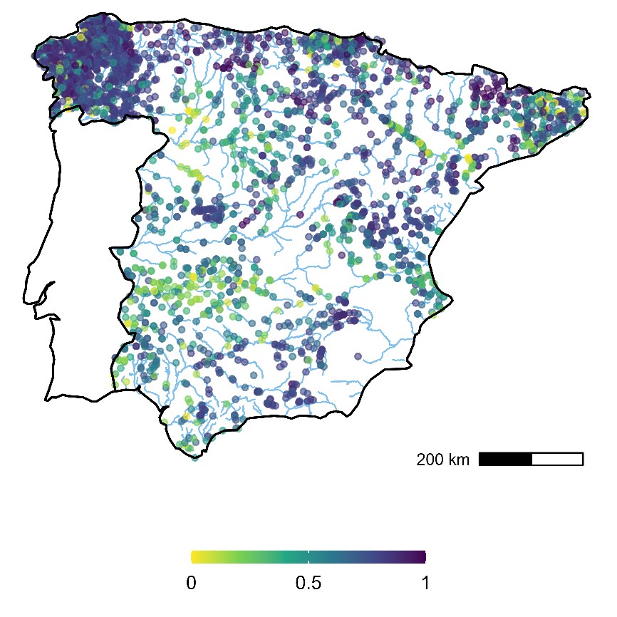 @RadingerJ EFI+ index & its metrics respond to various anthropogenic pressures, which explained about 36% of the variance. Downstream and mainstem reaches with higher agricult. or urban land uses, increased hydrologic alteration, & poorer water and habitat quality showed lower EFI+ values