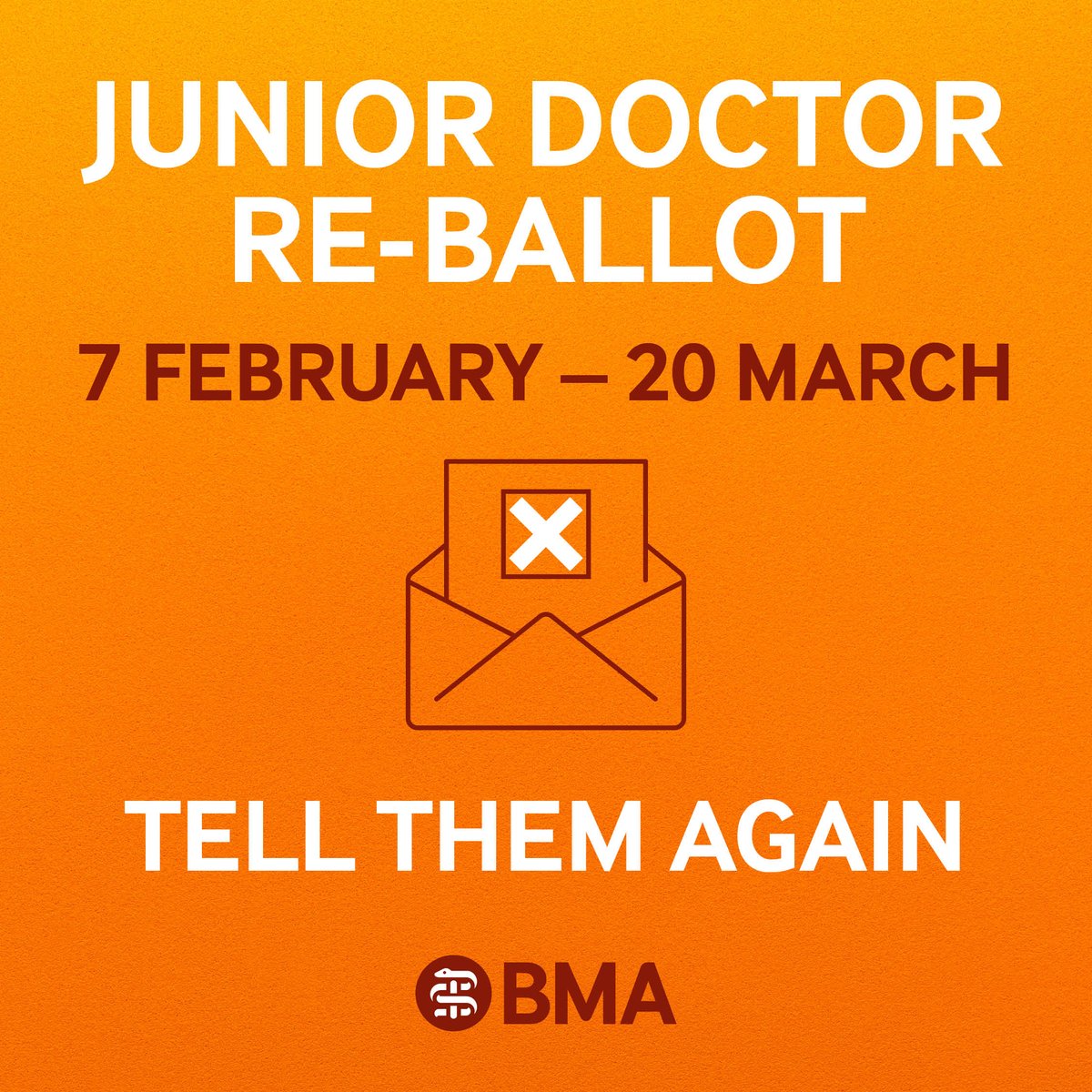 A re-ballot of junior doctors in England will take place from 7 February to 20 March to extend our mandate for strike action, and provide us with a mandate for action short of strike (ASOS).

Vote 
❌ YES for strikes 
❌ YES for ASOS

bma.org.uk/juniorspay