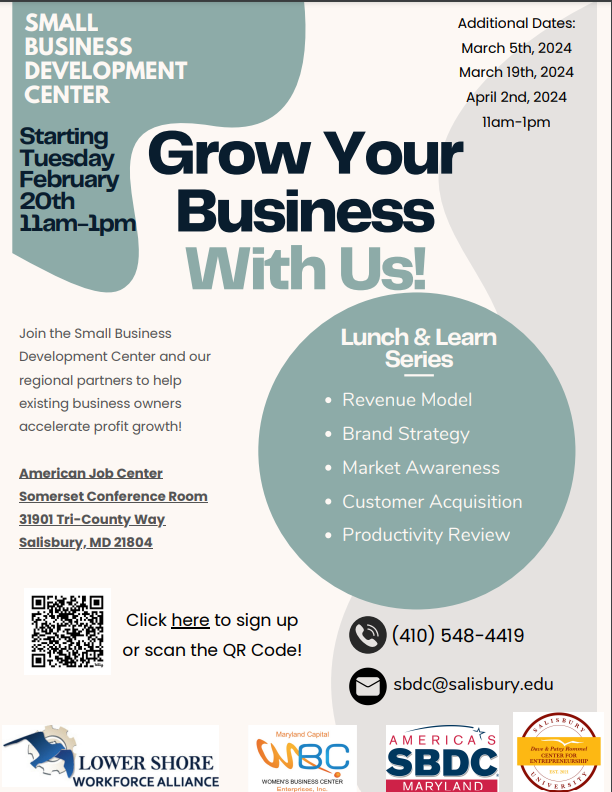 Join the Lower Shore American Job Center, Maryland Capital Enterprises, Inc. and Maryland Small Business Development Center for an upcoming lunch and learn series starting up on February 20. Sign up and learn more information at mdsbdc.ecenterdirect.com/events/17832