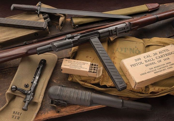 LGunshop75090's tweet photo. A modified 1903 made to be semi automatic that was chambered in .30 carbine, but long story short the Garand was born after many attempts and iterations after the ordinance board requested a version of the m1919 in .30-06. (pictured is the pederson rival of the Garand) https://t.co/KTRP8F9DIy