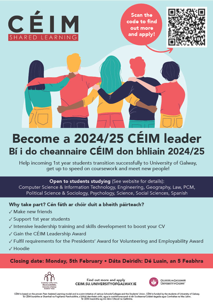 Applications are now open for 1st year students in certain programmes to apply to become 24/25 CÉIM leaders. This is a fantastic opportunity to develop your skills and make new friends. Find out more and apply by Monday, 5 February 2024 at ceim.su.universityofgalway.ie/about/become-a…