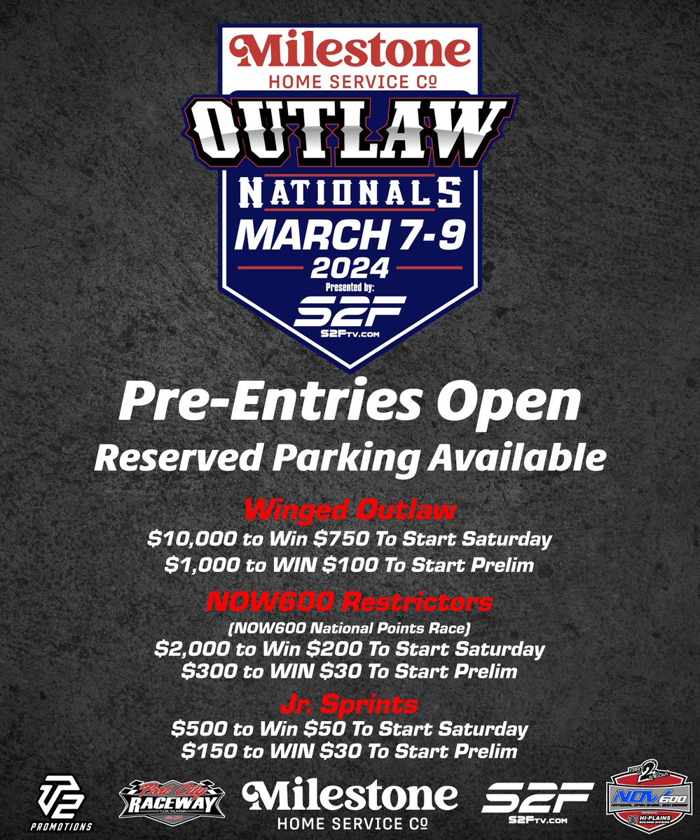 Pre-Entries, Reserved Parking, Full Purse, & More Information for the 2024 Milestone Home Services Outlaw Nationals presented by Start2Finish TV!

Read More: portcityraceway.net/press/article/…