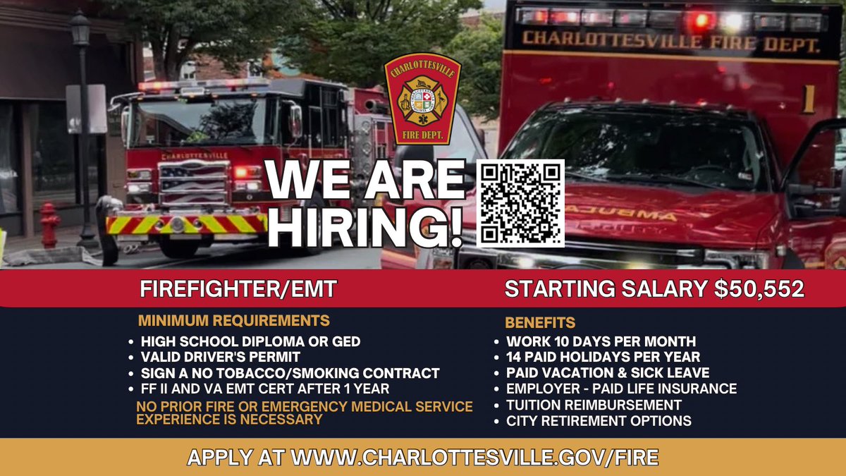 We are hiring for the position of Firefighter/EMT 🚒🚑. Applications accepted until Feb 22, 2024, 5:00 p.m. 

Make a difference in your community! Apply Now! charlottesville.gov/fire

#Applytoday #JOINCFD #CvilleFireDept #firefighter #EMT #Jobs #Carreer #Cville