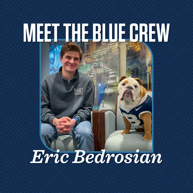 butleru's tweet photo. Introducing the third member of the Blue Crew ✨💙 Involved in over seven campus organizations, Eric Bedrosian ’26 says Butler has become his home away from home. He is most excited to share videos of how much being a Bulldog means to him. 🐶