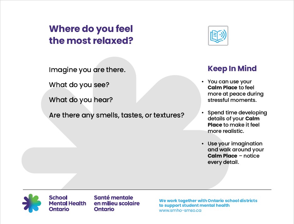 It's #WellnessWednesday! Our first tip in this <a href="/SMHO_SMSO/">School Mental Health Ontario</a> series is 'Calm Place'. With the secondary culminating assessments underway, we have selected ‘Calm Place’ as our Mental Health strategy for the week. Consider the details of your own Calm Place and give it a try.