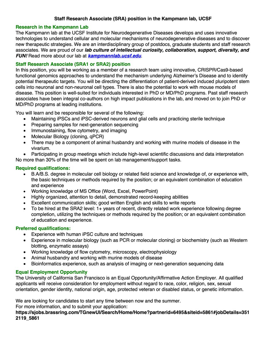 Martin Kampmann (@martinucsf) on Twitter photo The <a href="/KampmannLab/">Kampmann Lab</a> at <a href="/UCSF/">UC San Francisco</a> is looking for staff research associates (technicians).
Great opportunity to gain research experience for 2 years before applying to grad school!
Supportive and diverse training environment.
Please RT - thanks!
Apply here:
sjobs.brassring.com/TGnewUI/Search… The <a href="/KampmannLab/">Kampmann Lab</a> at <a href="/UCSF/">UC San Francisco</a> is looking for staff research associates (technicians).
Great opportunity to gain research experience for 2 years before applying to grad school!
Supportive and diverse training environment.
Please RT - thanks!
Apply here:
sjobs.brassring.com/TGnewUI/Search…