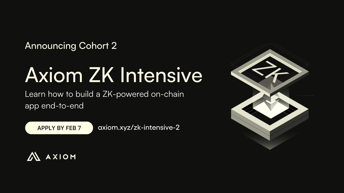 We're announcing the second cohort of the Axiom ZK Intensive.

This is a 5 week program for smart contract developers interested in building ZK-enabled on-chain applications.  Applications open today and close Feb 7.  The program will start the week of Feb 20.

To apply, see 👇