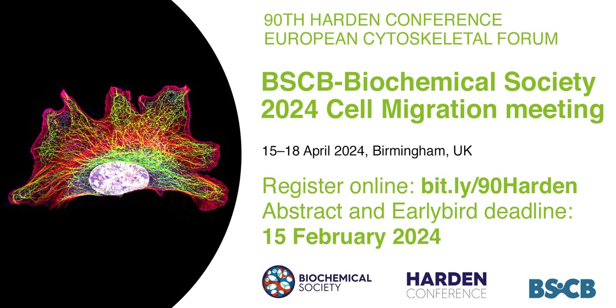 This is the international cell migration meeting in 2024 that you should not miss: co-organised by the European Cytoskeletal Forum + @Official_BSCB + @BiochemSoc! 💡Abstract deadline 15th Feb 💡Keynote speakers: Cynthia Reinhart-King and Michael Sixt bit.ly/90Harden