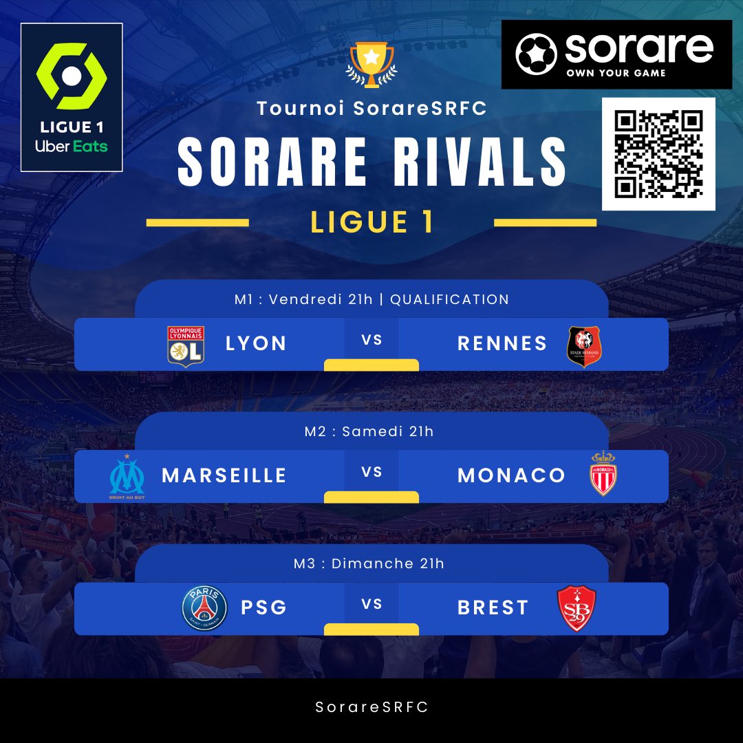 🌟 TOURNOI SORARE RIVAL’SRFC x LIGUE 1 🌟

🗒️ Règles : 
Affrontes moi sur les 3 matchs du week-end :
 #OLSRFC (M1)
 #OMASM (M2)
 #PSGSB29 (M3)
sur le mode #SorareRivals

Pseudo #Sorare : spongepem

🥇Top 3 récompensé : le cumul des 3 scores sur les 3 matchs
Exemple : M1 (323) +