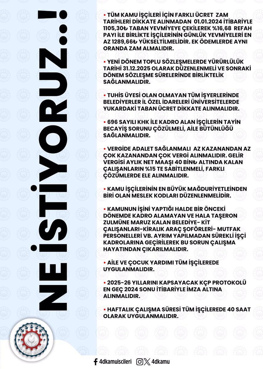 Kamu işçisinin talepleri açıktır. Ve gerçekleşene kadar durmayacağız. 
Taraflar elini taşın altına koyacak ve bu sorunu çözecek. <a href="/dbdevletbahceli/">Devlet Bahçeli</a> <a href="/isikhanvedat/">Prof. Dr. Vedat Işıkhan</a> 
#kamuişçi
#EkProtokol
#Kamuiscisineyuzde49