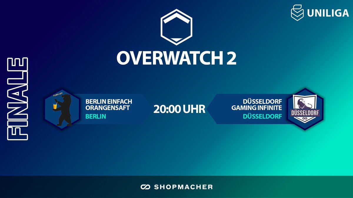 Uniliga (@uniligagg) on Twitter photo In zwei Stunde geht das große Spektakel in #OW2 los!
Wer gewinnt das Finale?
⏰ 20:00 Uhr
⚔️ <a href="/ddorf_gaming/">Düsseldorf Gaming</a> vs. Berlin Einfach Orangensaft
🎙️ <a href="/Jakob_leps/">Jakob „JLEPS“ Schwinn</a> & <a href="/RoyalTZZZ/">Royal</a>
📈 @johnbishop_ow & <a href="/markusodersowas/">Markus</a>
🎬 <a href="/Pimpoluxe/">Pimpo</a>
🎥 <a href="/Cinzzya/">Cinzya</a> In zwei Stunde geht das große Spektakel in #OW2 los!
Wer gewinnt das Finale?
⏰ 20:00 Uhr
⚔️ <a href="/ddorf_gaming/">Düsseldorf Gaming</a> vs. Berlin Einfach Orangensaft
🎙️ <a href="/Jakob_leps/">Jakob „JLEPS“ Schwinn</a> & <a href="/RoyalTZZZ/">Royal</a>
📈 @johnbishop_ow & <a href="/markusodersowas/">Markus</a>
🎬 <a href="/Pimpoluxe/">Pimpo</a>
🎥 <a href="/Cinzzya/">Cinzya</a>