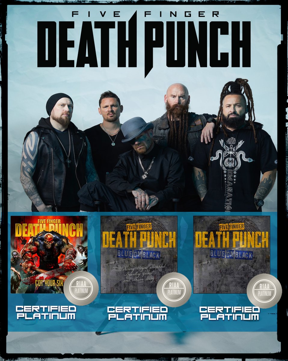 FFDP's tweet photo. Five Finger Death Punch are proud to announce the album 'Got Your Six' and both versions of 'Blue on Black' were certified platinum from RIAA this week! 🔥🔥
Thank you to everyone of you around the world for this.
We truly have the best fans in the world. 👊🙌 https://t.co/PomO2t5HrT