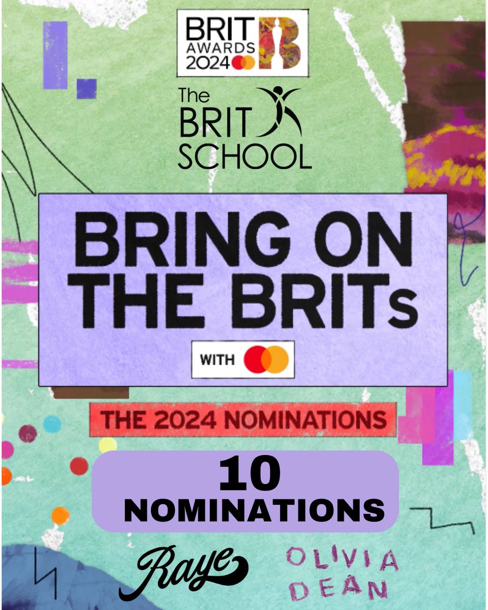 10 Nominations for #alwaysBRIT artists at @BRITs 2024 @raye is the first artist to ever get 7 nominations in a single year. @oliviadeano with 3 We are super proud of you both @MastercardUK #brits