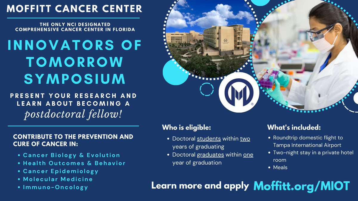 Don't miss this opportunity to visit our campus, present your research, meet with faculty, and learn about postdoc opportunities at the only NCI Comprehensive Cancer Center based in Florida! Applications are due Feb 12th for our April event. Moffitt.org/MIOT @MoffittNews