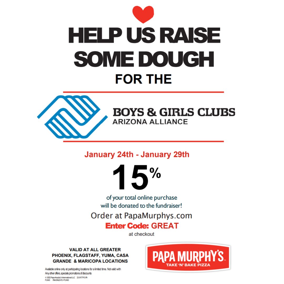 azabgc's tweet photo. Are you ready to help us raise some dough? From today until January 29th, give back to Boys & Girls Clubs around Arizona when you order @papamurphys online!
@bgcarizona
@bgcflag
@bgcgs
#SunCorridor
#Yuma @cityofyuma https://t.co/3FyHSqcNfg