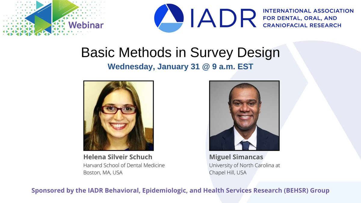 Just us for the first IADR webinar of 2024: "Basic Methods in Survey Design" on Thursday, January 31 at 9 a.m. EST!
Presented by Helena Silveir Schuch and Moderated by Miguel Simancas
ow.ly/m1qg50QtcY7
#surveydesign #oralhealth #dentalresearch