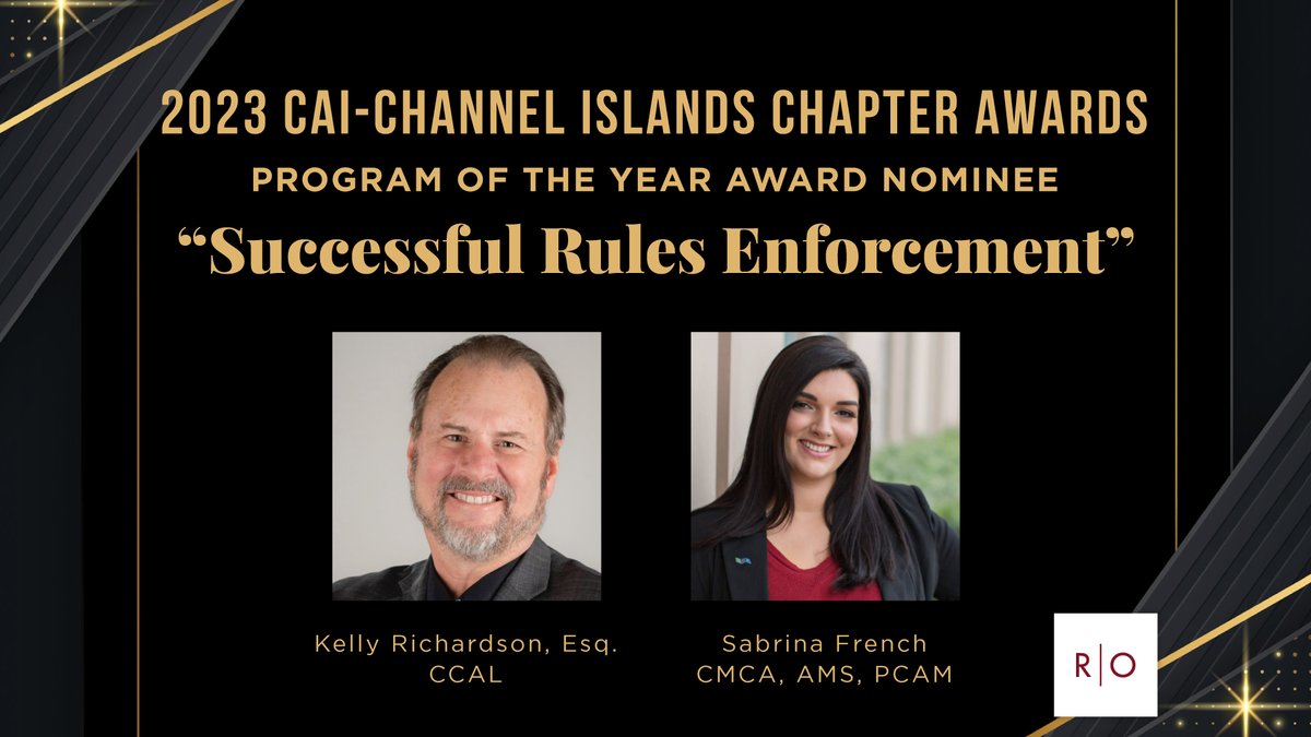 We’re thrilled to announce we’ve been nominated for a second CAI Channel Islands Award for Program of the Year, “Successful Rules Enforcement.”
 
We’re grateful for our #communityassociation partners committed to education.

roattorneys.com/events