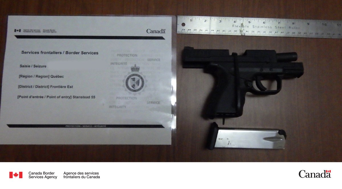 At the Stanstead port of entry, #CBSA officers stopped a traveller with a prohibited and undeclared #Firearm and magazine. They seized the items and fined the driver before he returned to the U.S. #ProtectingCanadians