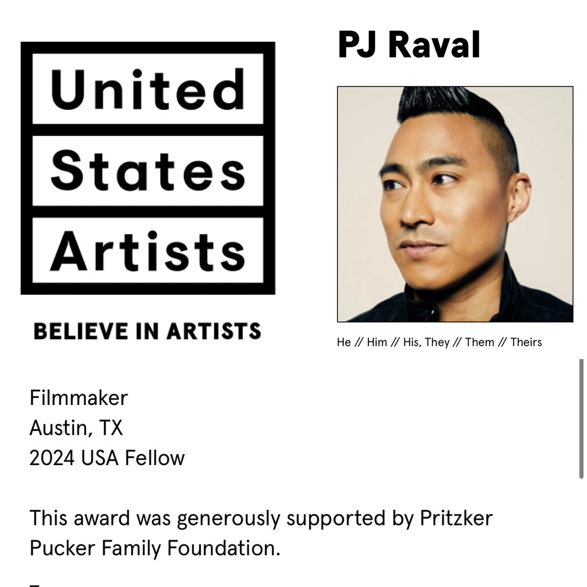 pjraval's tweet photo. When I was growing up I didn’t know being a filmmaker was even a possibility. Today, I’m honored to share that I join an inspiring cohort of artists as a 2024 USA Fellow. Thank you @USAforART the support and recognition - to be seen and celebrated is a true gift of encouragement.  https://t.co/LugkJGJBZU