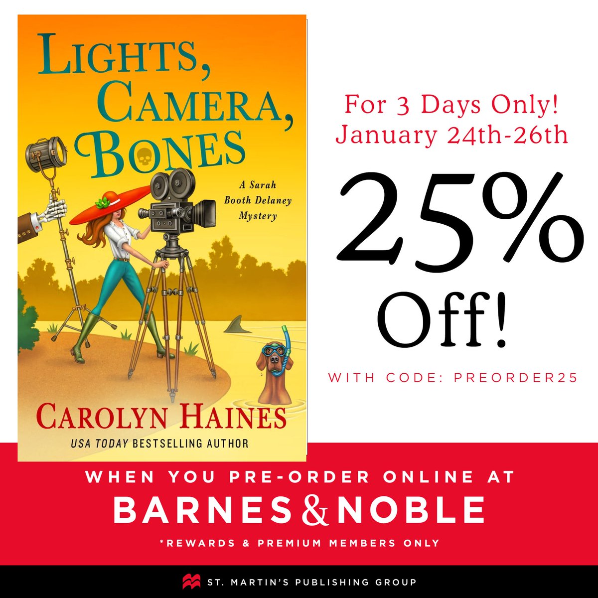 📚PSA to #cozymystery readers!  ALL pre-orders on <a href="/BNBuzz/">Barnes & Noble</a> are 25% for 3 days including Lights, Camera, Bones published by <a href="/MinotaurBooks/">Minotaur Books</a> <a href="/StMartinsPress/">St. Martin's Press</a> .  bit.ly/42cbrJD  Promo Code: PREORDER25