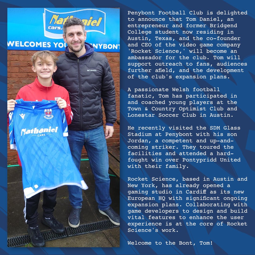 📝 | We're pleased to announce Tom Daniel as our new club ambassador.

Tom was born and grew up in Bridgend and is now living in Texas as the co-founder and CEO of the video game company <a href="/rocketsciencegg/">Rocket Science Group</a>. 

Welcome to the Bont, Tom! 🤝

Statement below 👇