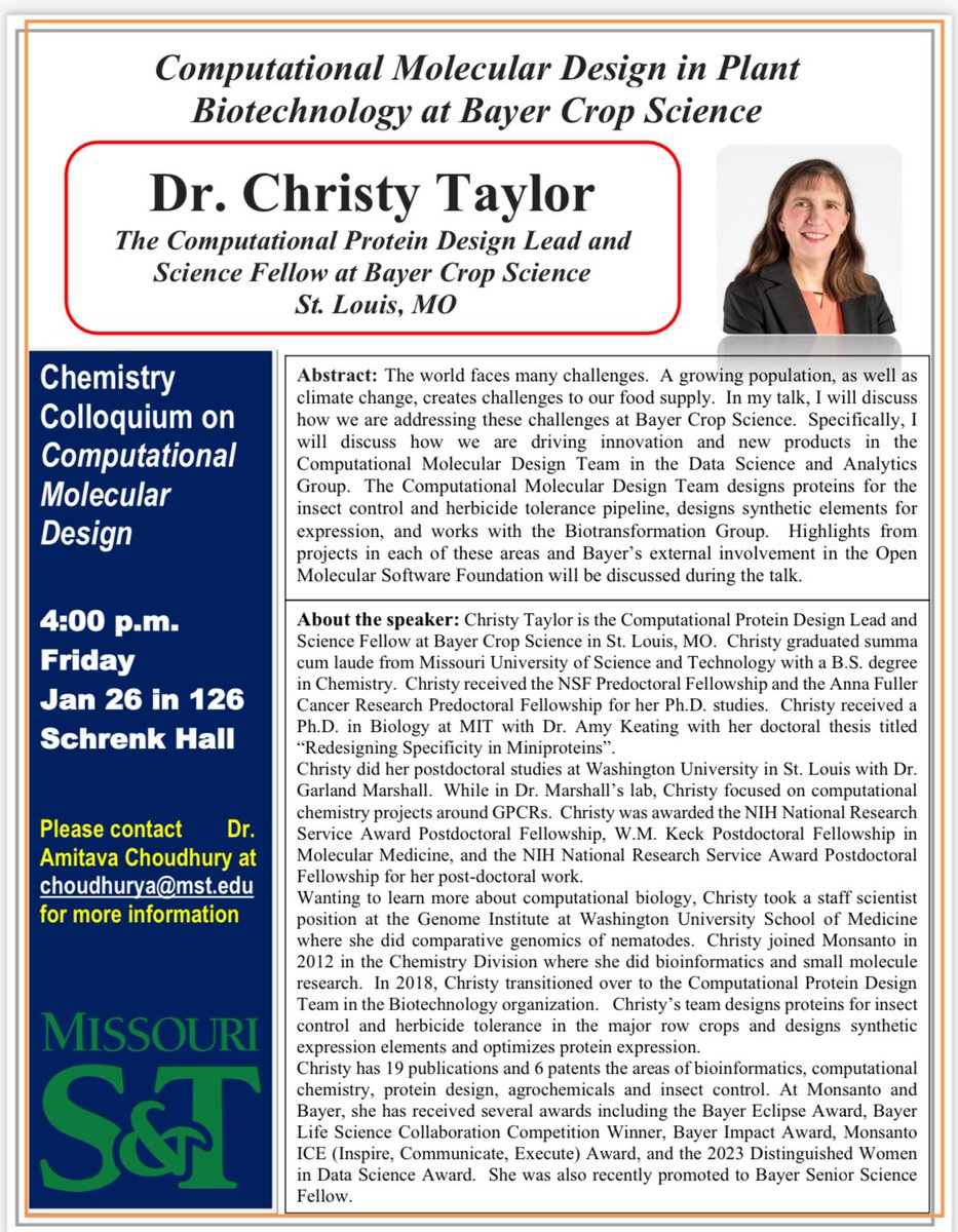 Dr. Christy Taylor will be giving a seminar on Friday at 4pm in Schrenk 126. She is an S&amp;T alum and a strong advocate for both our chemistry and biology programs! 🧪🧬