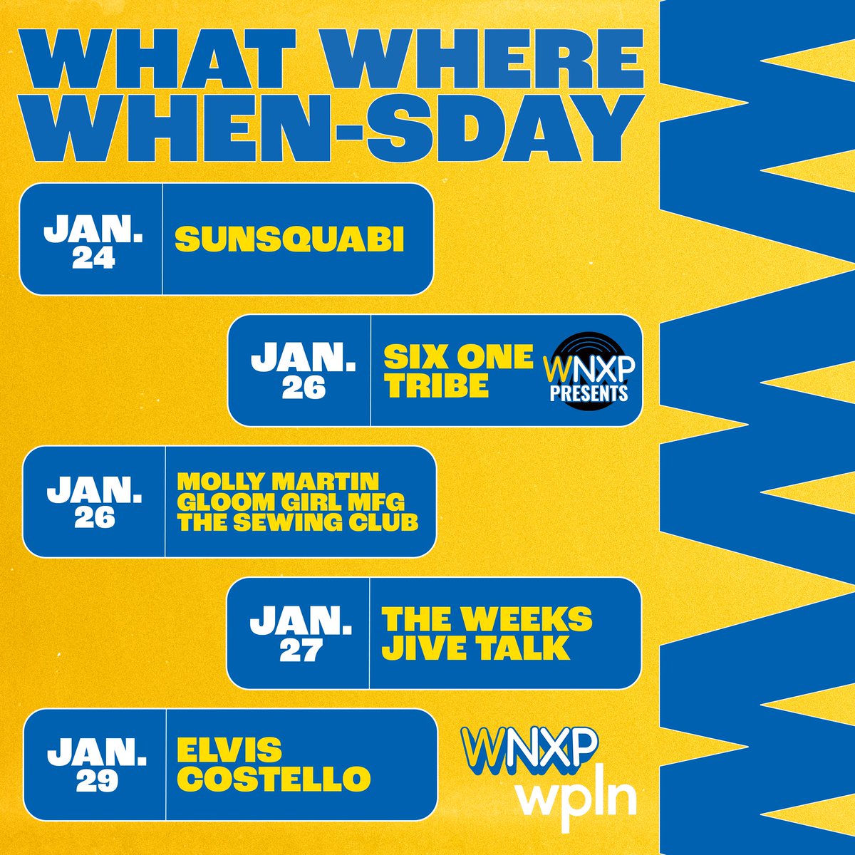 WNXP Nashville (@wnxpnashville) on Twitter photo On today's What Where When-sday, <a href="/MarquisWNXP/">Marquis Munson</a> talks @canneryhall's opening with GM Brent Hyams—their first show is <a href="/SunSquabi/">SunSquabi</a>, happening tonight.
More this week: <a href="/SixOneTribe/">Six One Trïbe</a>, <a href="/theweeks/">The Weeks</a> w/ @jivetalkband, <a href="/ElvisCostello/">Elvis Costello</a>, @mollymartinsong w/ <a href="/GloomGirlMFG/">Gloom Girl MFG</a>! wnxp.org/what-where-whe… On today's What Where When-sday, <a href="/MarquisWNXP/">Marquis Munson</a> talks @canneryhall's opening with GM Brent Hyams—their first show is <a href="/SunSquabi/">SunSquabi</a>, happening tonight.
More this week: <a href="/SixOneTribe/">Six One Trïbe</a>, <a href="/theweeks/">The Weeks</a> w/ @jivetalkband, <a href="/ElvisCostello/">Elvis Costello</a>, @mollymartinsong w/ <a href="/GloomGirlMFG/">Gloom Girl MFG</a>! wnxp.org/what-where-whe…