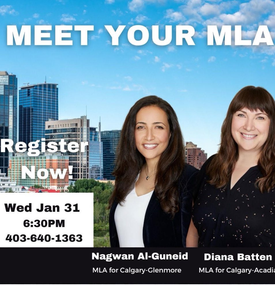 Hey #GlenCadia, come meet your MLA, @DianaBatten_ & @NagwanYYC are holding a town hall jan31. Lots of issues to talk about right now. I’ve registered & hope you do too! link 👇🏻 #yycAcadia #yycGlenmore #ableg #abpoli