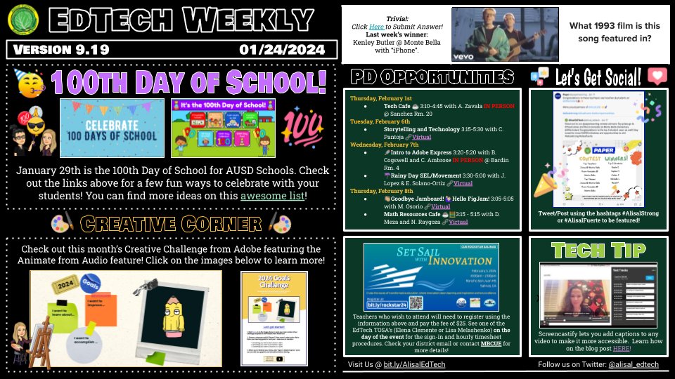 In this week's EdTech Weekly you will find 100th Day of School ideas 💯🏫, @AdobeExpress Creative Corner 🎨 @mbcue Rockstar event info🌊 🖥️ , PD Opportunities☕ 💻, …and more! 🎶👩🏻‍💻 #alisalstrong #alisalfuerte bit.ly/AlisalWeekly