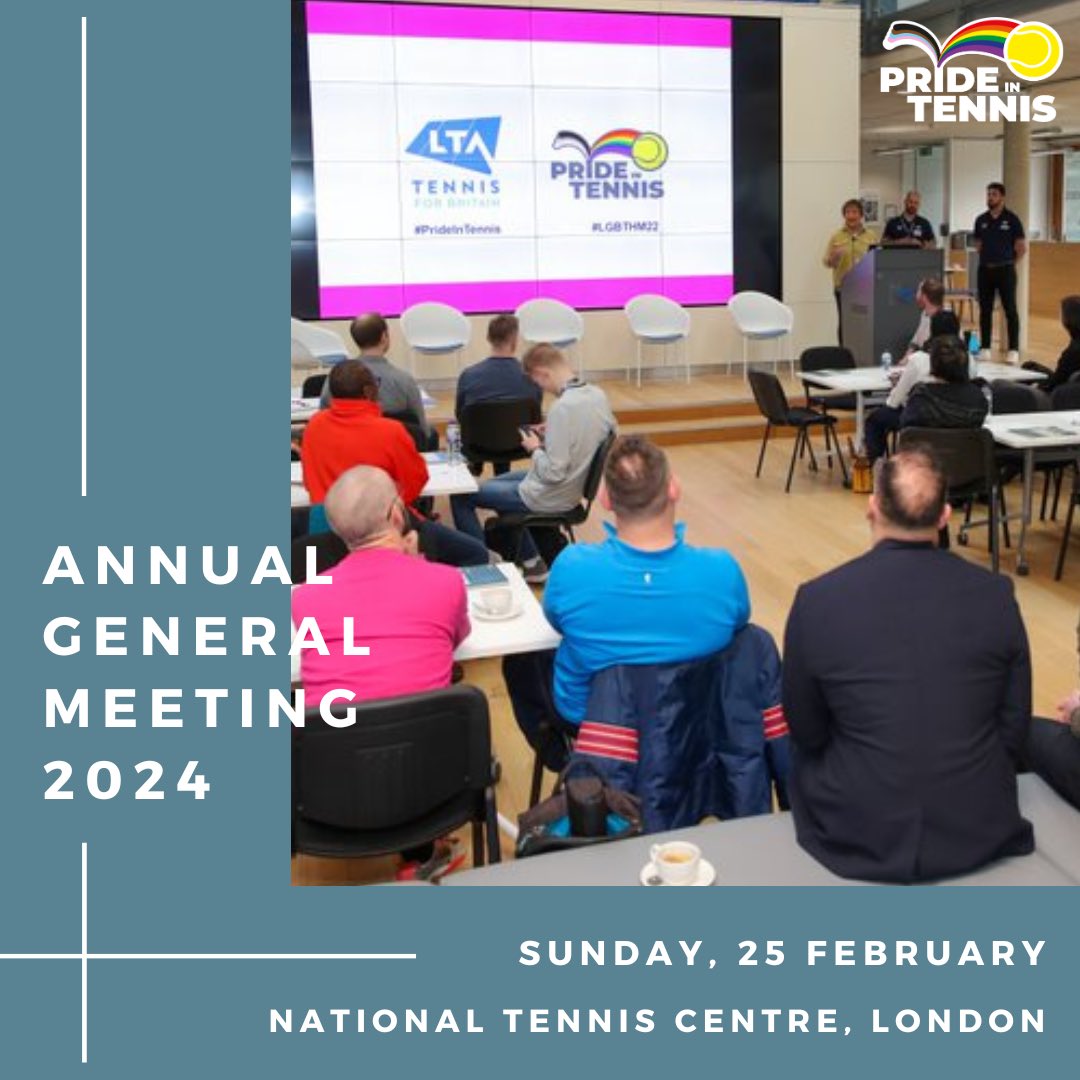 Save the date for our Pride in Tennis Annual General Meeting! 🌈🎾 Join us on Sunday, 25 February 2024, at the National Tennis Centre, London. 🔗 prideintennis.org.uk/agm2024 Let's celebrate unity, love, and tennis! 🌈 #prideintennis #tennis #lgbtqsports#inclusionmatters