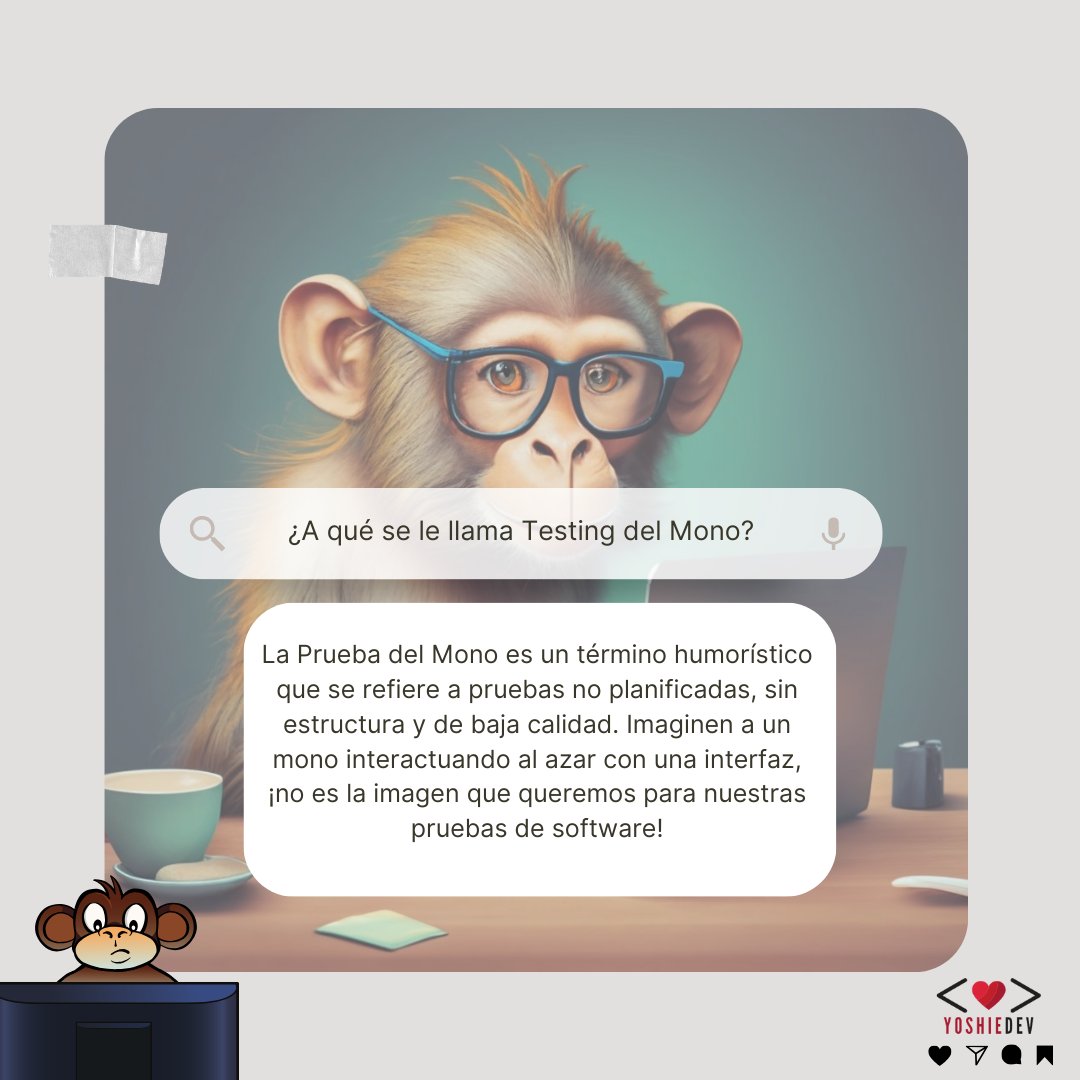 YoshieDev's tweet image. Hoy quiero hablarles sobre un término coloquial que a veces surge en el mundo del desarrollo de software: la "Prueba del Mono". 🐵🕹️ Aunque suena gracioso, es crucial entender que no es la forma ideal de abordar el testing de software.
#TestingDeSoftware #QualityAssurance