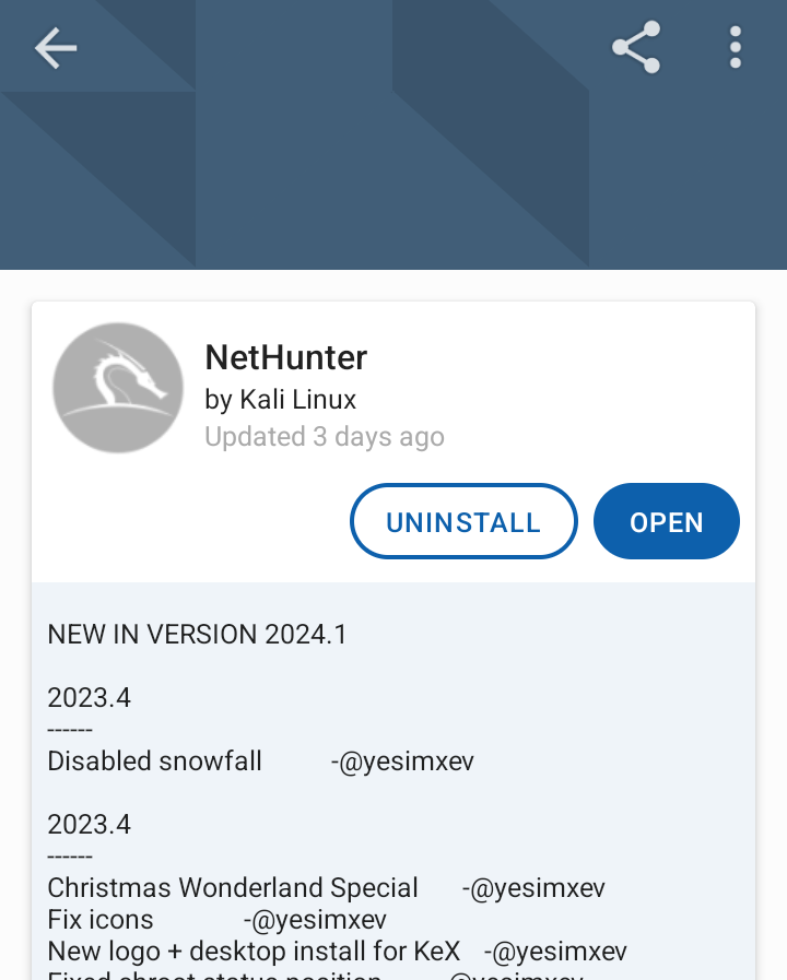 The new (Pre 2024.1) @kalilinux NetHunter app update is in Store! For everyone who installs a new image, it is recommended to update. 📱📡 Fixed Bluetooth Arsenal setup scripts, KeX desktop env check, disable snow - @yesimxev Fixed busybox, root check and paths by @martindatoss