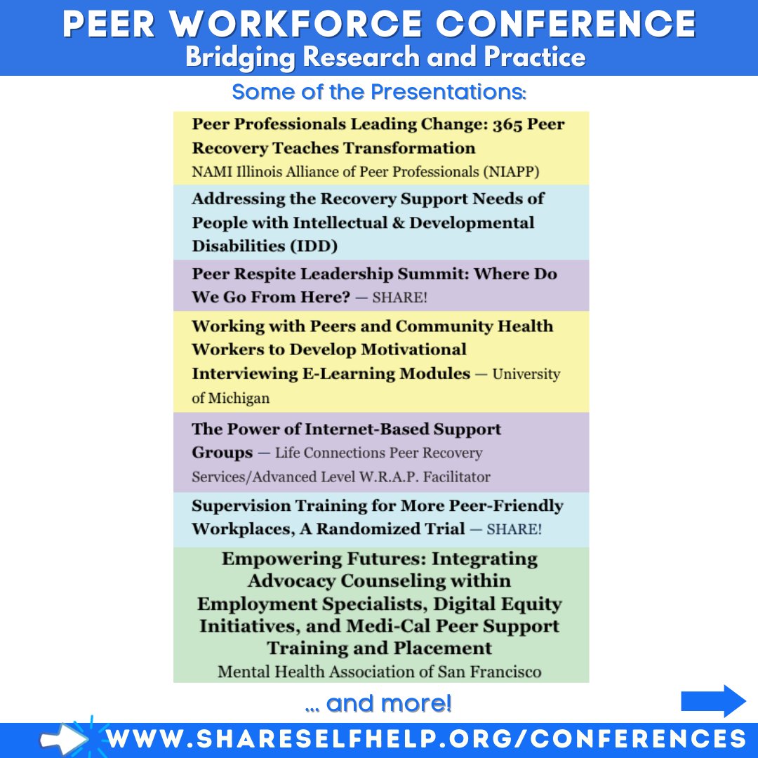 shareselfhelp's tweet photo. Register for the 4th Annual Online PEER WORKFORCE CONFERENCE on Wed, Jan 31!
Register Today! ➡️ https://t.co/zzxl6JF3lA
#peerworkforce #peerworkforceconference #peerworkers #peerleadership #PeerSupport #peersupporters #PeerCertification #PeerServices #Peersupport #Peerworkforce https://t.co/ZY9xy169Qy