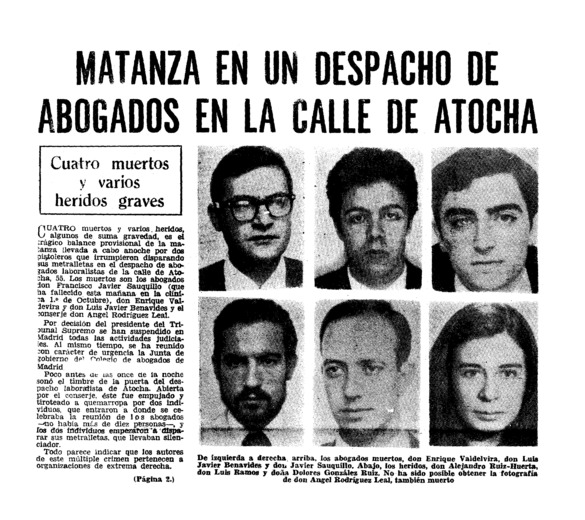 Fueron asesinados por su militancia comunista y por su trabajo defendiendo los derechos de las y los trabajadores. Ni con terror y miedo el franquismo logro impedir la lucha por la libertad y la democracia. Por que fueron, somos. ¡Atocha, hermanos, nosotros no olvidamos!