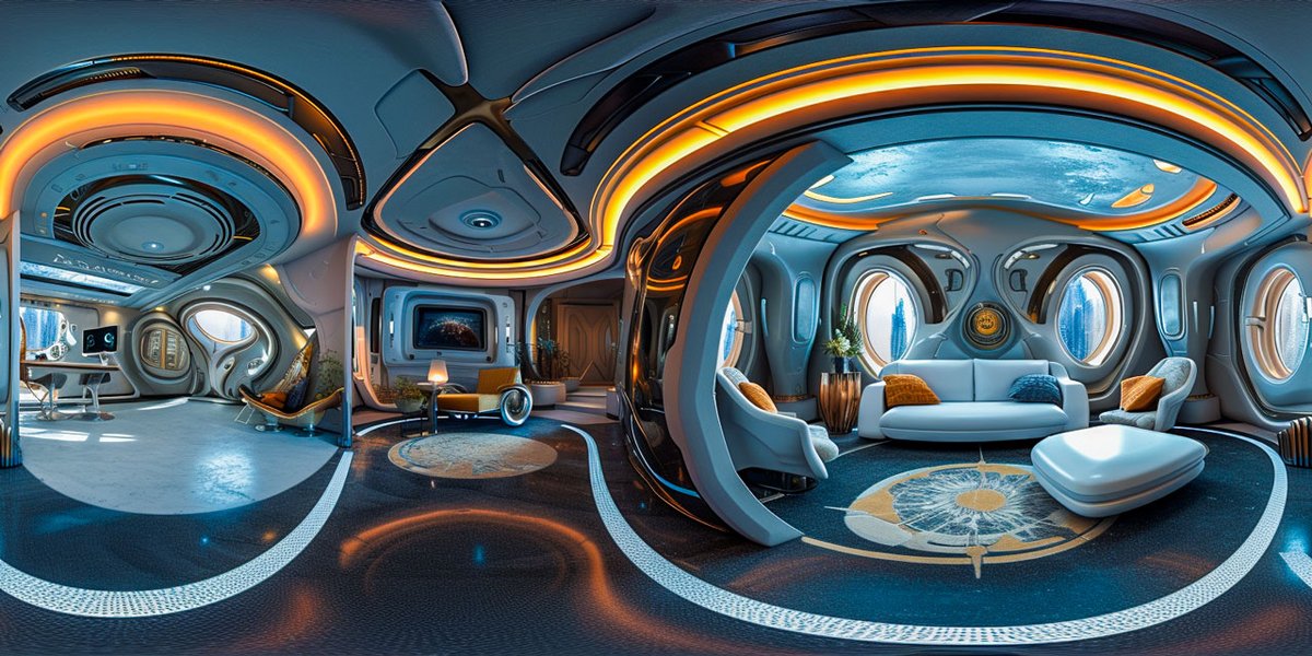 CharaspowerAI's tweet photo. Generate an image in #Midjourney. The command --tile is crucial for a seamless 360° image. 
Example prompt: 
360 panorama, [game environment, interior, futuristic living room] --ar 2:1 --tile