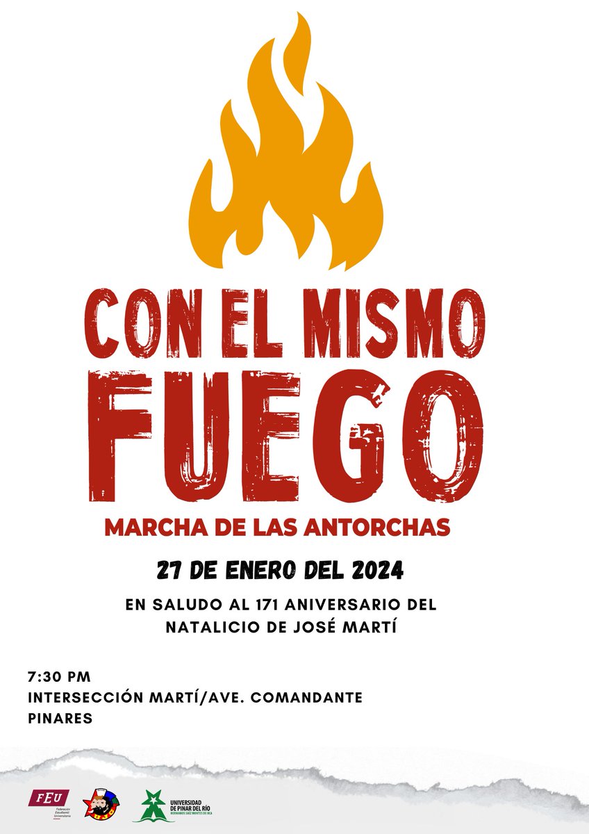 Como en aquella movilización hace ya 7️⃣1️⃣ años, la <a href="/UPRCuba/">Universidad de Pinar del Río</a> participará en la Marcha de las Antorchas "Con el mismo fuego" que heredamos de la generación del centenario. ❤️🇨🇺
Este 2️⃣7️⃣ de enero a las 7️⃣:3️⃣0️⃣ PM nos daremos cita en las intersecciones habituales. 
<a href="/YamileRamosCord/">Yamilé Ramos Cordero</a>